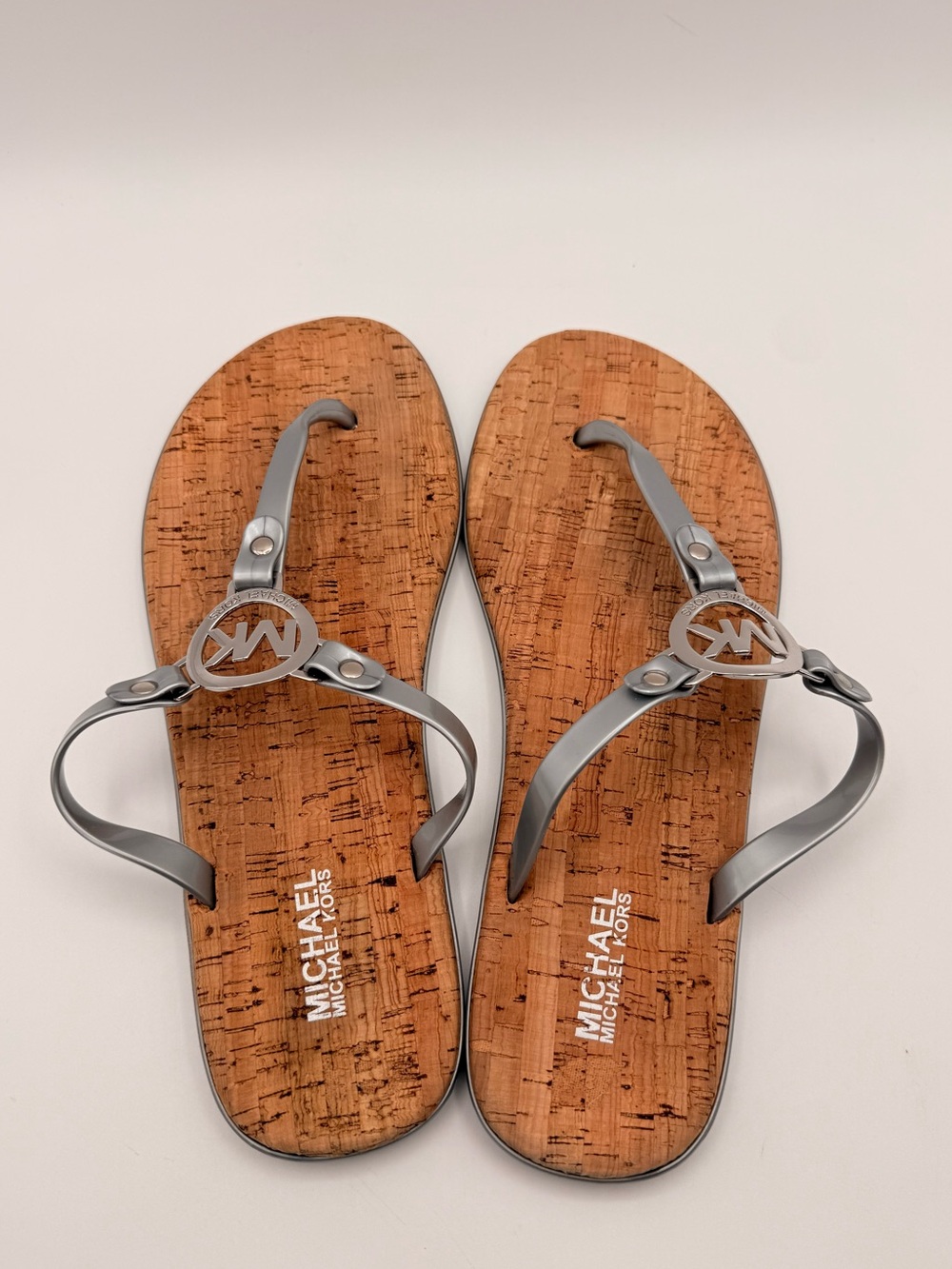 MICHAEL KORS MK Logo Cork Thong Sandals Silver Women’s Size  11 - Picture 4 of 9